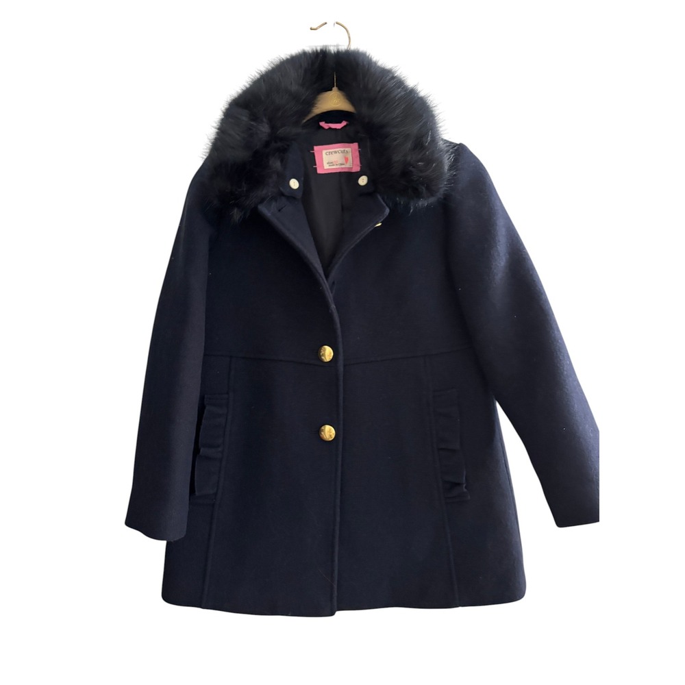 Crewcuts J.Crew Girls Wool Blend Coat Size 10 Navy Faux Fur Collar Gold Buttons